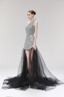 Clairvoyance Silver Sequin Tulle Train Asymmetric Dress for women, from SORAMAME, The Viet Concept