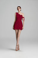 Red Floral Lace One-Shoulder Pearl Cluster Mini Dress for women, from IHF STUDIO, The Viet Concept 
