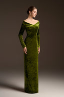 IHF ATELIER • Velvet Off-Shoulder Long-Sleeve Column Gown