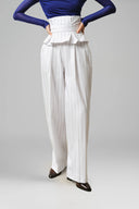 White Aegean Cotton Pinstripe Corset Peplum Trousers for women, from LECIA, The Viet Concept