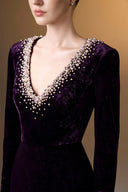 IHF ATELIER • Royal Pearl-Embellished Grain Velvet Column Evening Gown