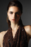 Sepia Sequin Wool Blend Halter Cowl Neck Maxi Dress for women, from SORAMAME, The Viet Concept