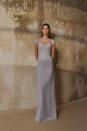 L' SCARLETT • Grey Crystal Beaded Poly Crepe Maxi Evening Dress