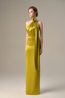 Satin Silk Asymmetrical Halter Gown With Cross Detail for women, from IHF ATELIER, The Viet Concept