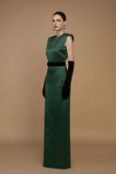 Round Neck Power Shoulder Striped Column Gown In Green for women, from IHF ATELIER, The Viet Concept 