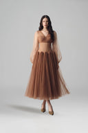 LINH PHUNG • Sylvara Mocha Brown Crystal-Embellished Tulle Midi Corset Dress