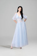 Orchidée Baby Blue Tulle Corset Midi Dress for women, from LINH PHUNG, The Viet Concept