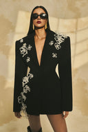 L' SCARLETT • Crystal Floral Crepe Mini Blazer Dress with Structured Shoulders