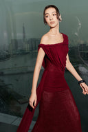 THÉSONG • Flammer Burgundy Off-Shoulder Mermaid Gown With Train