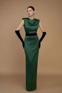 Round Neck Power Shoulder Striped Column Gown In Green for women, from IHF ATELIER, The Viet Concept 