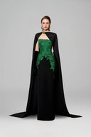 Dark Green Lace Column Gown With Silk Cape for women, from IHF ATELIER, The Viet Concept 