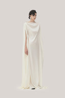 White Quyen Trapezoid Boat Neck Satin Maxi Dress for women, from TINH, The Viet Concept