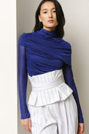 White Aegean Cotton Pinstripe Corset Peplum Trousers for women, from LECIA, The Viet Concept