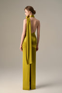 Satin Silk Asymmetrical Halter Gown With Cross Detail for women, from IHF ATELIER, The Viet Concept
