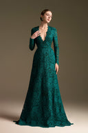 Blooming Rose Lace V-Neck A-Line Long Sleeve Gown with Silk Lining for women, from IHF ATELIER, The Viet Concept 