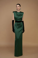 Round Neck Power Shoulder Striped Column Gown In Green for women, from IHF ATELIER, The Viet Concept 