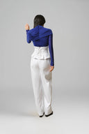 White Aegean Cotton Pinstripe Corset Peplum Trousers for women, from LECIA, The Viet Concept