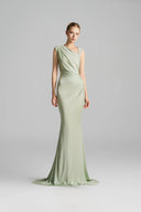Mint Green Asymmetric Ruched Jersey Maxi Dress with Crystal Detail for women, from IHF STUDIO, The Viet Concept 