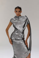 Selenophile Metallic Satin Lamé Draped Cowl Neck Dress for women, from SORAMAME, The Viet Concept