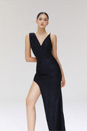 Kalopsia Midnight Blue Metallic Chiffon Floor-Length Gown for women, from SORAMAME, The Viet Concept