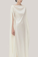 White Quyen Trapezoid Boat Neck Satin Maxi Dress for women, from TINH, The Viet Concept