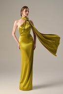 Satin Silk Asymmetrical Halter Gown With Cross Detail for women, from IHF ATELIER, The Viet Concept
