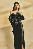L' SCARLETT • Celeste 3D Crystal Floral Off-Shoulder Maxi Gown