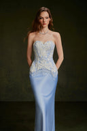 VONTIER DE MONTIER • Bedazzled Crystal Embellished Pearl Silk Corset With Opal Satin Set