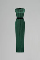 Round Neck Power Shoulder Striped Column Gown In Green for women, from IHF ATELIER, The Viet Concept 