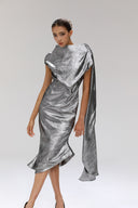 Selenophile Metallic Satin Lamé Draped Cowl Neck Dress for women, from SORAMAME, The Viet Concept