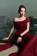 THÉSONG • Flammer Burgundy Off-Shoulder Mermaid Gown With Train