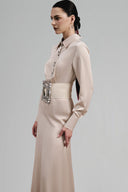 Woolden A-line Collared Neck Silk Satin Floor Length Dress for women, from Ha Thanh Viet, The Viet Concept 