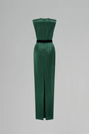 Round Neck Power Shoulder Striped Column Gown In Green for women, from IHF ATELIER, The Viet Concept 