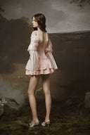 LINH PHUNG • Calla Blush Pink Corset Mini Dress with Off-Shoulder Puff Sleeves