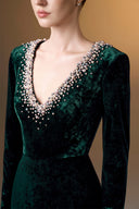 IHF ATELIER • Royal Pearl-Embellished Grain Velvet Column Evening Gown