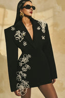 L' SCARLETT • Crystal Floral Crepe Mini Blazer Dress with Structured Shoulders