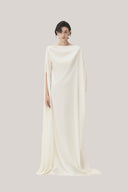 White Quyen Trapezoid Boat Neck Satin Maxi Dress for women, from TINH, The Viet Concept
