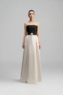 Black White Silk Crisscross Strapless A-Line Gown with Crystal Bloom for women, from IHF STUDIO, The Viet Concept 
