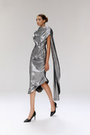 Selenophile Metallic Satin Lamé Draped Cowl Neck Dress for women, from SORAMAME, The Viet Concept