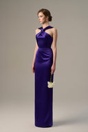 Purple Satin Silk Ruched V-Neck Tie Gown for women, from IHF ATELIER, The Viet Concept