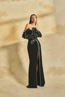 L' SCARLETT • Celeste 3D Crystal Floral Off-Shoulder Maxi Gown