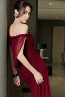 THÉSONG • Flammer Burgundy Off-Shoulder Mermaid Gown With Train