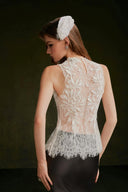 VONTIER DE MONTIER • Sheer Floral Appliqué Lace High-Neck Top in Ivory