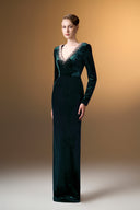IHF ATELIER • Royal Pearl-Embellished Grain Velvet Column Evening Gown