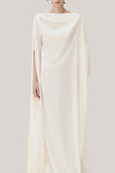 White Quyen Trapezoid Boat Neck Satin Maxi Dress for women, from TINH, The Viet Concept