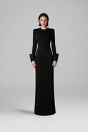Black Crepe Column Gown With Crystal Neck & Turn-Up Cuffs for women, from IHF ATELIER, The Viet Concept 