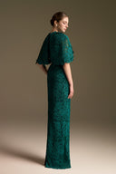 Blooming Rose Lace V-Neck Column Gown With Mini Cape Sleeves for women, from IHF ATELIER, The Viet Concept 