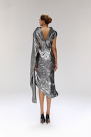 Selenophile Metallic Satin Lamé Draped Cowl Neck Dress for women, from SORAMAME, The Viet Concept