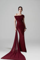 THÉSONG • Flammer Burgundy Off-Shoulder Mermaid Gown With Train