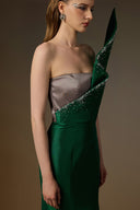 IHF ATELIER • Emerald & Grey Taffeta Draped Crystal Mermaid Gown